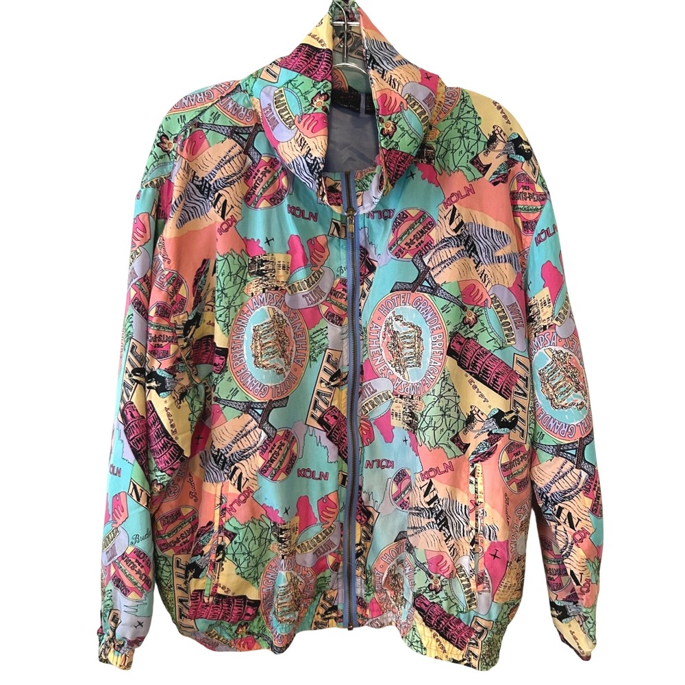 Mureli Women's Vintage Silk Travel Themed Windbreaker Bomber Jacket in Size XL